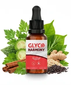 Glyco Harmony blood sugar support drops bottle surrounded by bitter melon, cinnamon, ginger and herbs