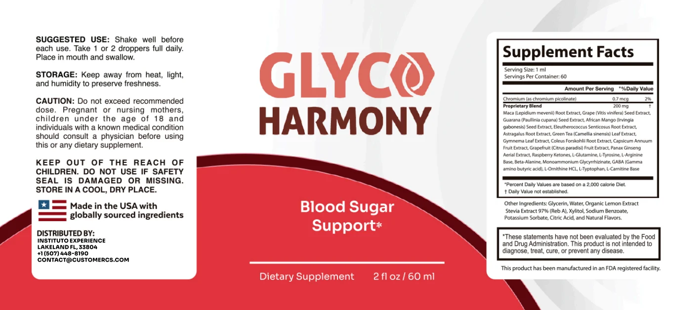 Glyco Harmony Supplement Facts panel showing chromium picolinate and the 200 mg proprietary botanical blend with suggested use