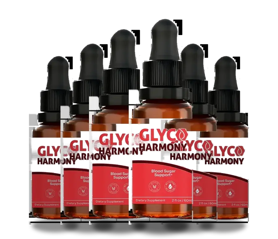 A group of Glyco Harmony dropper bottles, red and white labels reading Blood Sugar Support