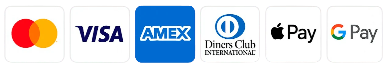 Mastercard, Visa, American Express, Diners Club, Apple Pay and Google Pay accepted at the seller's checkout
